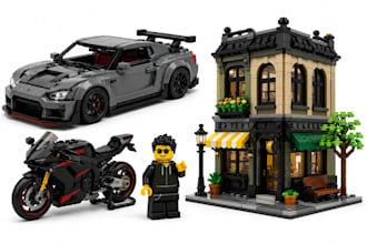 design custom lego house, minifigure, bike, instructions and realistic 3d render