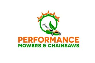 make clever lawn care logo with performance mowers chainsaws
