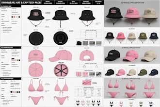 design swimwear hat cap tech pack with technical flat sketches