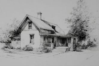 drawing sketch of house, and other buildings