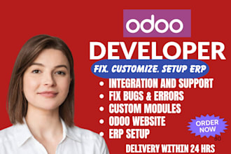 be your odoo developer for customizaion bug fixing and erp setup deploy odoo