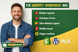 fix shopify wordpress wix website bugs errors speed issues fast bug fix expert