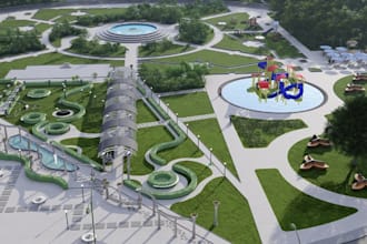 revamp modern private and public park,family entertainment area,landscape render