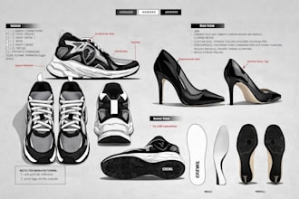 design luxury footwear and detailed techpacks heels and custom shoes