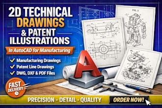 create 2d technical drawings, patent line drawing for manufacturing in autocad