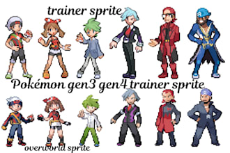 create pokemon gen3 gen4 trainer sprite, overworld and battle pixel art for rom