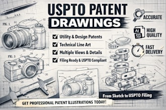 draw uspto patent drawings, technical line art, illustration and utility design