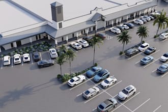 do site masterplan for shopping mall complex, park visualization, cgi rendering