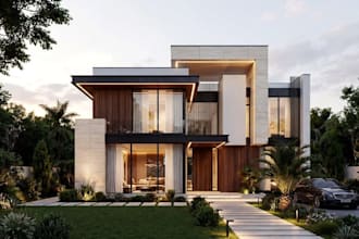 visualize villa exterior, open plan living, tropical house remodel, landscape