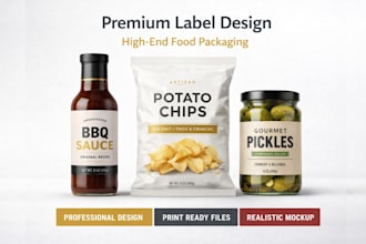 design stunning food packaging label for sauce, snacks and products