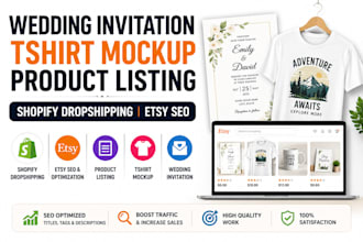 wedding invitation, tshirt mockup product listing, shopify dropshipping etsy seo