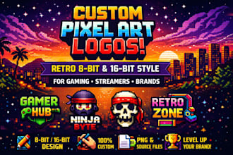 design custom pixel art logo in retro 8bit and 16bit style