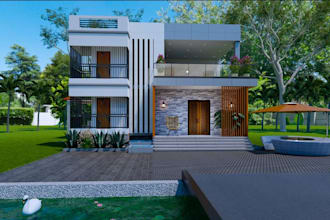 update luxury duplex external,modern mansion facade render, cgi garden landscape