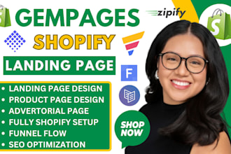 design shopify landing page using gempage, pagefly,   replo, zipify product page