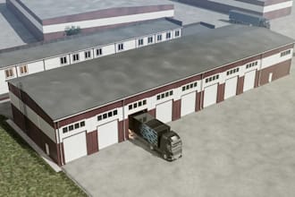 plot 3d industrial space,warehouse exterior layout,cgi retail render,walkthrough