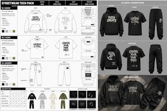 design streetwear tech pack for hoodie tshirt and joggers