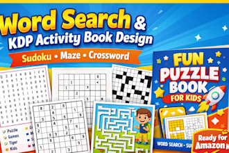 design word search puzzle amazon kdp kids activity book, sodoku, maze, crossword