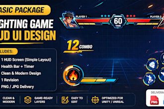 design aaa fighting game hud UI with health bar and combo system combat 2d game