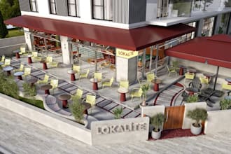 relayout 3d terrace cafe interior, outdoor patio, mixed used building rendering