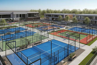 design realistic 3d padel court, 3d baseball facility, 3d court yard, pickleball