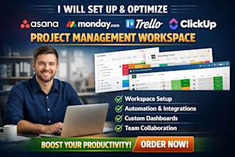 set up and optimize asana, monday com, trello  project management workspace