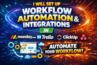 setup workflow automation and integrations in monday CRM, trello, clickup, asana