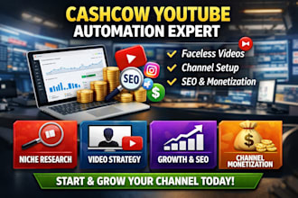 cashcow channel faceless videos social media setup seo expert youtube automation