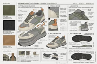 do a shoe design, 3d shoe modeling, shoe tech pack for manufacturing
