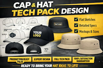 create cap tech pack, hat design with flat sketch for production