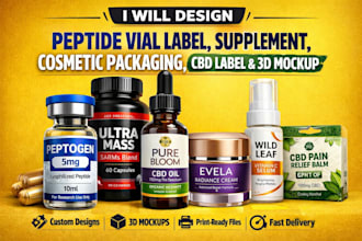 design peptide vial label, supplement, cosmetic packaging, cbd label, 3d mockup
