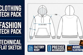 create factory clothing tech pack, fashion tech pack, and technical flat sketch