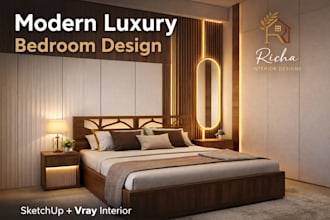 design modern luxury bedroom interior in sketchup and vray