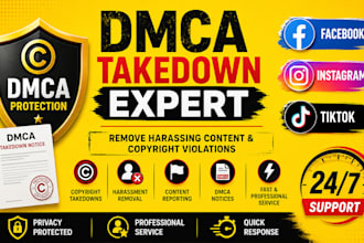 takedown harassing remove copyright mass reports facebook instagram tiktok dmca