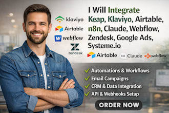 integrate keap klaviyo airtable n8n claude webflow zendesk google ads system io