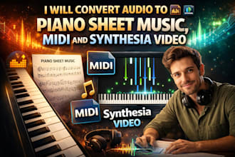 convert audio to piano sheet music, midi, and synthesia video