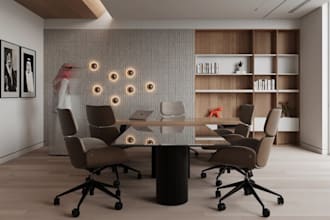 revamp 3d office interior, board room furniture layout, modern studio render