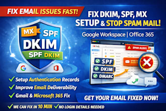 fix dkim,spf,mx setup, gmail, suite,fix stop spam mail,fix email migration 10min