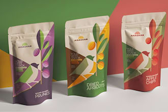 design food packaging, pouch, takeaway box, stickers, label, dieline, 3d mockup