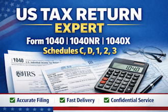 prepare and file US tax return form 1040, 1040nr, 1040x with all schedules