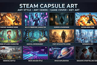 design steam capsule art, game key art, banner and 2d game cover for steam store