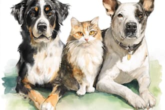 custom pet portrait, two pet portrait, watercolor portrait