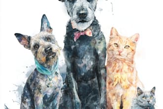 paint a watercolor pet portrait with ink sketch
