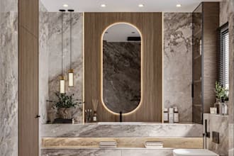 luxury 3d bathroom interior,marble tiles,vanity countertop,space optimization