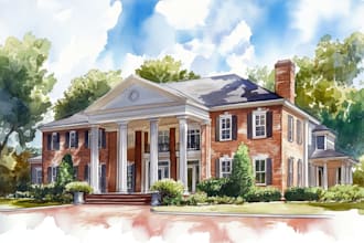 handmade watercolor painting of house