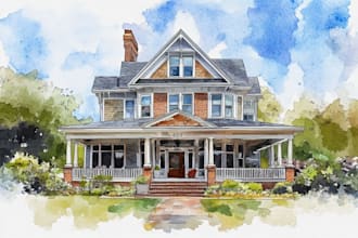 handmade watercolor painting of house
