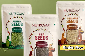 design food packaging, food label, pouch design and beverage label with logo