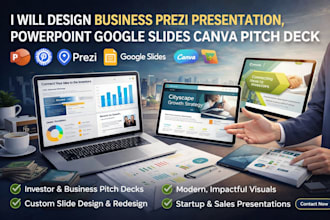 design business prezi presentation, powerpoint google slides canva pitch deck