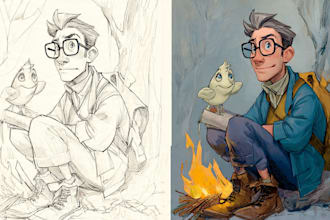 sketch, outline and color cartoon illustrations
