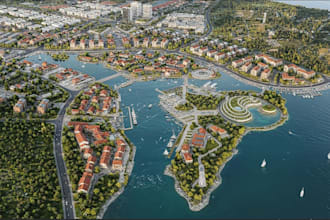 design 3d large scale waterfront urban masterplan residential city layout render