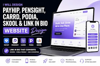 payhip pensight carrd podia skool linkin bio book website design